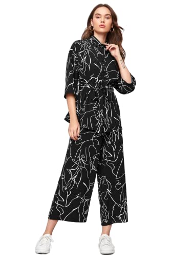 GRECIILOOKS Women Co Ord Set| Collared Self Belted Allover Print| Half Sleeve Shirt| Straight Shirt with Belt| Women Two-Piece Outfits| Summer Wear| Outdoor Wear (X-Large, Black)