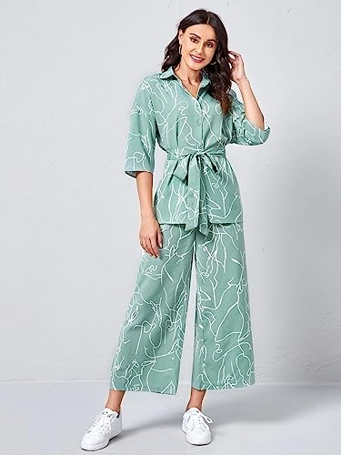 GRECIILOOKS Women Co Ord Set| Collared Self Belted Allover Print| Half Sleeve Shirt| Straight Shirt with Belt| Women Two-Piece Outfits| Summer Wear| Outdoor Wear (XX-Large, Light Green)