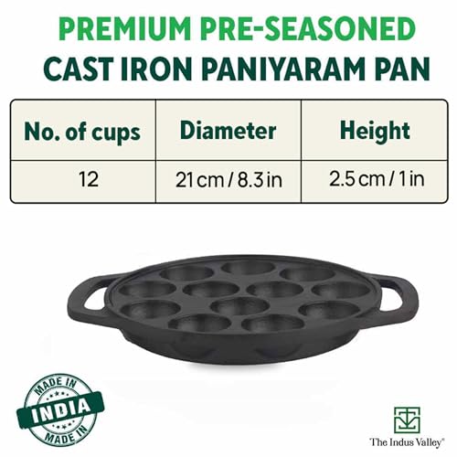 The Indus Valley Pre-Seasoned Cast Iron Paniyaram Pan with Loop Handle | Medium, 12pit, 8.3Inch/21 cm, 2.8kg | Nonstick Appe/Paddu pan, 100% Pure & Toxin-Free, Black