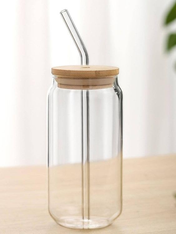 OM RADHEY Drinking Glasses with Bamboo Lid and Glass Straw Pack of 1, Beer Glass Tumbler Sipper for Mojito Soda Smoothies Whiskey Iced Coffee Cocktail Tea Juice (Heterx 1)