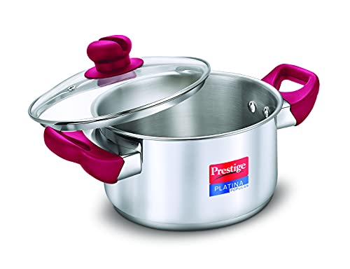 Prestige Platina Popular Stainless Steel Gas and Induction Compatible Casserole with Glass Lid, 220 mm, 4.6 Litre