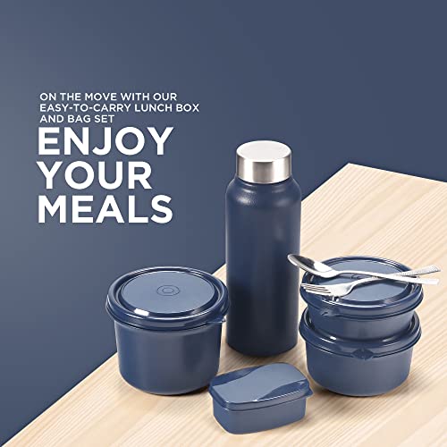 SOPL-OLIVEWARE Teso Pro Lunch Box With Steel Cutlery,3 Microwave Safe Inner Steel Containers With Bpa Free Lids(290Ml,450Ml&600Ml)Plastic Pickle Box(130Ml)Steel Water Bottle(750Ml)-Blue,600 Ml