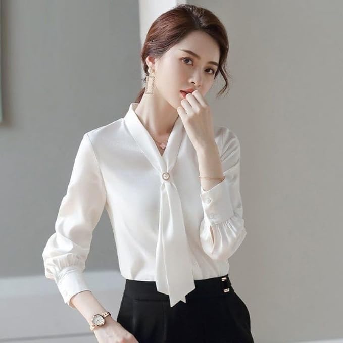 A.S Enterprises Office Long Sleeve White Woman Shirt Korean Chiffon Women Blouse V Neck Loose (White Top -04 Large)