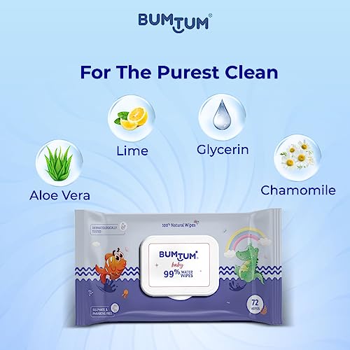 Bumtum Baby Gentle 99% Pure Water Soft Moisturizing Wet Wipes With Lid | Aloe Vera & Chamomile Extracts | Paraben & Sulfate Free (Pack of 3, 72 Pcs. Per Pack)