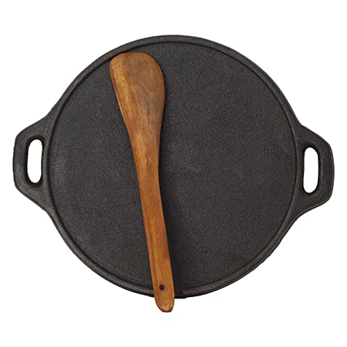 Rock Tawa Dosa Tawa 12 Inch Pre-Seasoned Cast Iron with Free Wooden Spatula