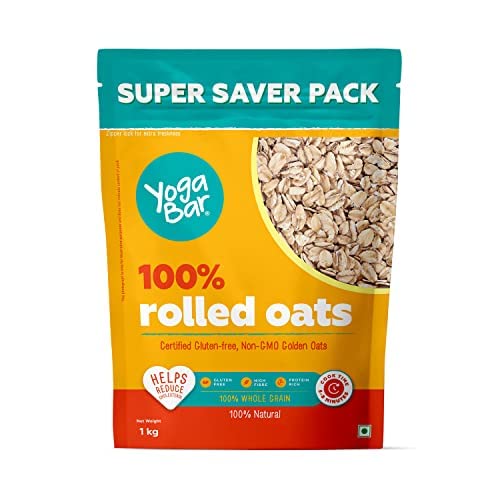 Yogabar 100% Rolled Oats 1kg (Buy 1 Get 1 FREE) | Premium Golden, Gluten Free Oats with High Fibre (1 Kg Each)