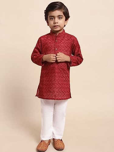 Superminis Baby Boys Ethnic Wear Colored Cotton Chikankari Kurta, Round Collar, Full Sleeves with White Pyjama (Maroon, 3-4 Years)