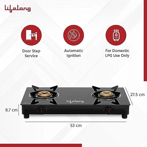 Lifelong LLGS912 Automatic Ignition 2 Burner Gas Stove with 6mm Toughened Glass Top, Automatic Ignition (Doorstep Service, 1 Year Warranty, Black) - Auto Ignition