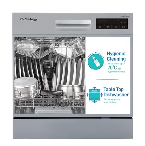 Voltas Beko 8 Place Settings Table Top Dishwasher (DT8S, Silver, Inbuilt Heater)