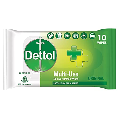 Dettol Disinfectant Skin & Surface Wipes, Original – 10 Count & Dettol Original Germ Protection Alcohol Based Hand Sanitizer, 50ml COMBO