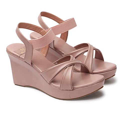 XE Looks Comfortable Peach Wedges Cross Strap Sandals For Women (3 inches heel) -UK 7