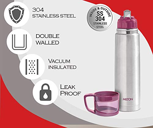Milton Glassy 1000 Thermosteel 24 Hours Hot and Cold Water Bottle with Drinking Cup Lid, 1 Litre, Pink | Leak Proof | Office | Gym | Home | Kitchen | Hiking | Trekking | Travel