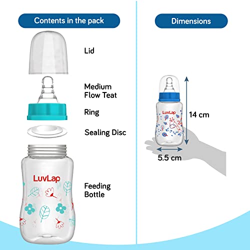 Luv Lap Anti-Colic Slim Regular Neck Essential BPA-Free Baby Feeding Bottle, 125ml, Pack of 2, Blue Green