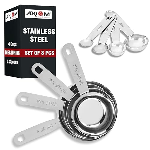 AXIOM Measuring Set of 8 pcs Stainless_Steel Professional Quality for Baking, Cooking, 4 Stackable Measuring Cups and 4 Stackable Measuring Spoons with Measurement Engraving Handle