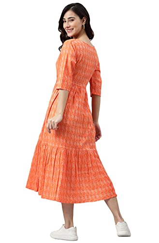 Janasya Women's Orange Cotton Woven Design Tiered Western Dress(JNE3870-DR-L)