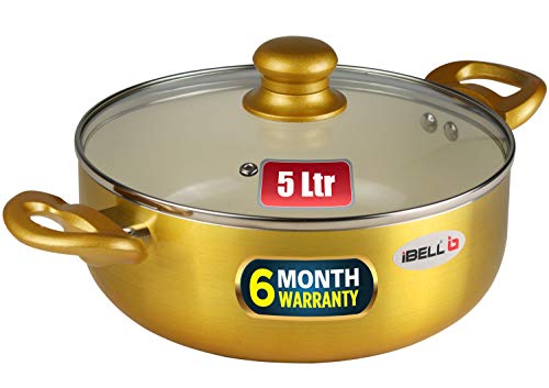 iBELL CS26C Ceramic Casserole 5.0 Litres with Glass Lid, Induction & Gas Compatible Cookware, 2.5mm Thickness, 3 Layer Ceramic Interior, Golden Finish