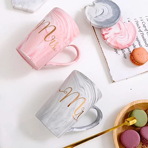 SHOPPOFOBIX Ceramic Marble Finish Coffee Mug with Lid & Spoon for Anniversary Wedding Engagement Valentine Gifts for Couple Teachers Women Men Husband Wife with Gift Box (Long MR & MRS Mug)