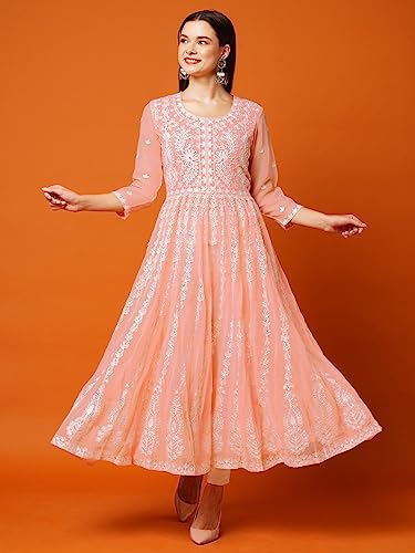 ANNI DESIGNER Women's Georgette Chikankari Embroidered Anarkali Kurti (Kari Peach-GRT_XL_Peach_X-Large)