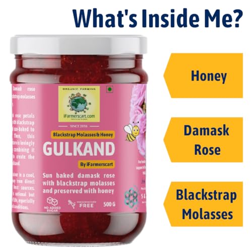 Organic Gulkand Infused with Honey & Blackstrap Molasses | No Added Sugar | No Artificial Flavors | Sun Baked Pure & Fresh Damask Rose Petal Jam | Handcrafted | Nutrient-Rich (500 G)