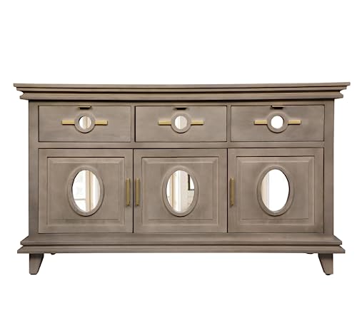CORSICA DESIGNS | Modern Full-Size Sideboard with Mirror Accents | 100% Solid Mango Wood & HD Mirror | Bedroom, Dining Room & Living Room (A. Aged Grey Finish)
