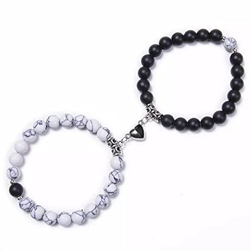 Okos Fashion Jewellery Combo of 2 Adjustable (Free Size) Stylish Unisex White and Black Beads Magnetic Heart Shape Couple Bracelet For Women and Men BR1000050COM