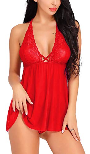 Xs And Os Women's Lace & Polyamide Spandex Floral Above Knee Baby Doll (Xi-G_L-033_Bv_Red_Free Size)