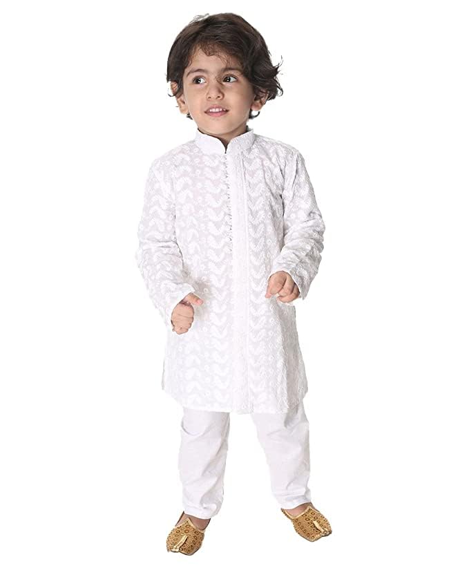 TAN ANSH Boys Pure Cotton White Kurta Pajama For Kids Ethnic Wear Handloom Design Embroidary (18-24 Months)