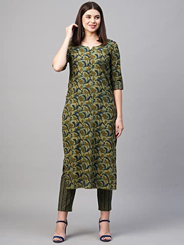 ANNI DESIGNER Women's Cotton Blend Printed Straight Kurta with Pant (Mangla Green-Nw_XXL_Green_XX-Large)