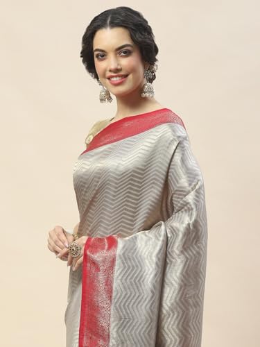 Meena Bazaar Zari Jaal Woven Handloom Saree With Blouse (Grey)