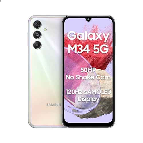 Samsung Galaxy M34 5G (Prism Silver,8GB,256GB)|120Hz sAMOLED Display|50MP Triple No Shake Cam|6000 mAh Battery|4 Gen OS Upgrade & 5 Year Security Update|16GB RAM with RAM+|Android 13|Without Charger