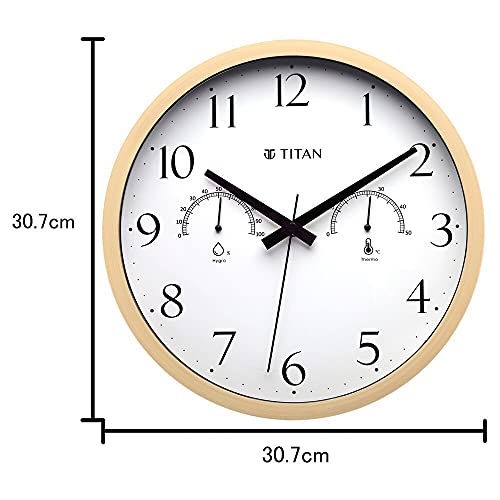Titan Contemporary Wooden Finish White Wall Clock with Thermometer & Hygrometer - 30 cm x 30 cm (Medium)