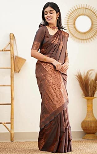 Yashika Women's Banarasi Cotton Silk Jacquard Saree With Blouse Piece(MUDRA BROWN)
