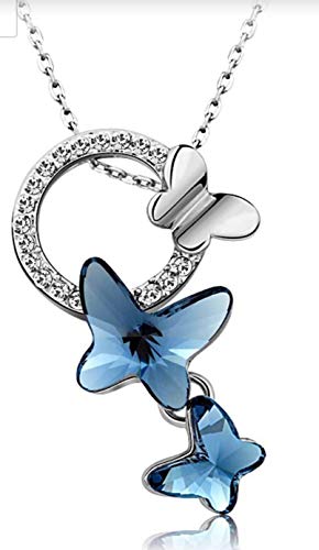 Valentine Gift By Shining Diva Italian Designer Platinum Plated Crystal Butterfly Earrings Chain Pendant Necklace Combo Jewellery Set for Women and Girls (Blue) (14603s)