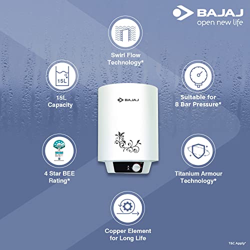 Bajaj New Shakti Neo 15L Vertical Storage Water Heater| Star Rated Heater| Water Heating with Titanium Armour & Swirl Flow Technology| Glasslined Tank| Wall Mounting| 1-Yr Warranty by Bajaj| White