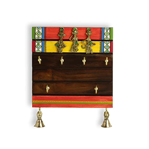 ExclusiveLane 'Tribal Borders' Home Decorative Wooden Key Holder for Home Décor Stylish (6 Hooks, Sheesham Wood, Warli Hand Painted)|Keychain Holder Key Hangers Key Stand Hanging Key Holder for Wall