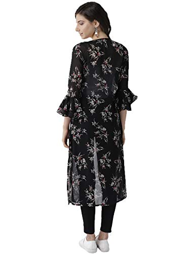 Wisstler Women's Black Georgette Floral Print Asymmetric Neck Long Shrug (Black and Cream , X-Large)