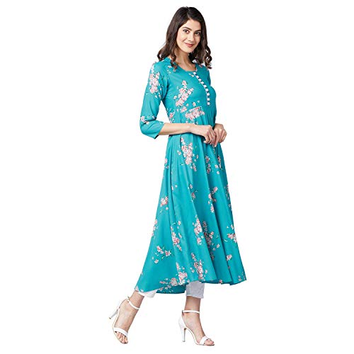 Tissu Women's Rayon Turquoise Printed A-Line Kurta (1937_Blue_XXL)