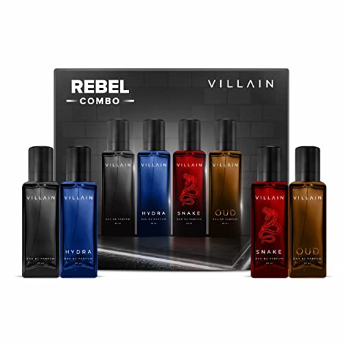 Villain Rebel Luxury Perfume Gift Set for Men 4x20 ml with Woody, Oud, Musk, Aqua Perfume | Luxury Long Lasting Fragrance | Men Fragrance Set | Perfume Combo Set For Men|EDP Perfume Combo