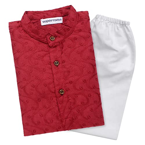 Superminis Baby Boys Ethnic Wear Colored Cotton Chikankari Kurta, Round Collar, Full Sleeves with White Pyjama (Maroon, 3-4 Years)