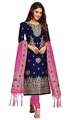 PANASH TRENDS Women's Jacquard Silk Salwar Suit Unstitched (Blue)