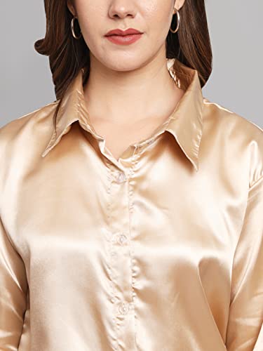 FUNDAY FASHION Women Solid Formal Satin Shirt (Large, Golden)