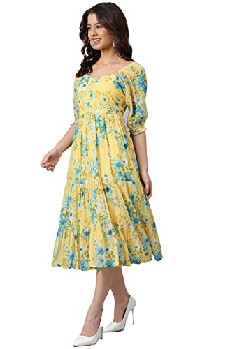 Janasya Women's Yellow Georgette Floral Print Flared Western Dress(J0433, L)