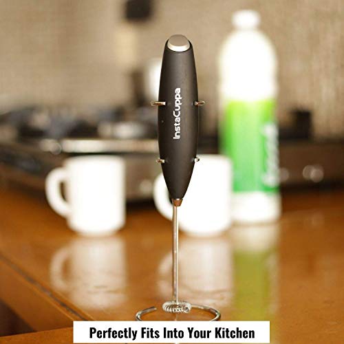 InstaCuppa Milk Frother for Coffee - Handheld Battery-Operated Electric Milk and Coffee Frother, Stainless Steel Whisk and Stand, Portable Foam Maker for Coffee, Cappuccino, Lattes, and Egg Beaters