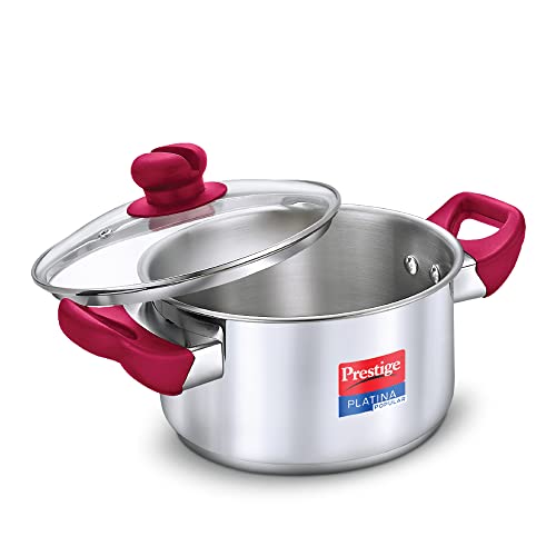 Prestige Platina Popular Stainless Steel Gas and Induction Compatible Casserole with Glass Lid, 200 mm, 3 Litre