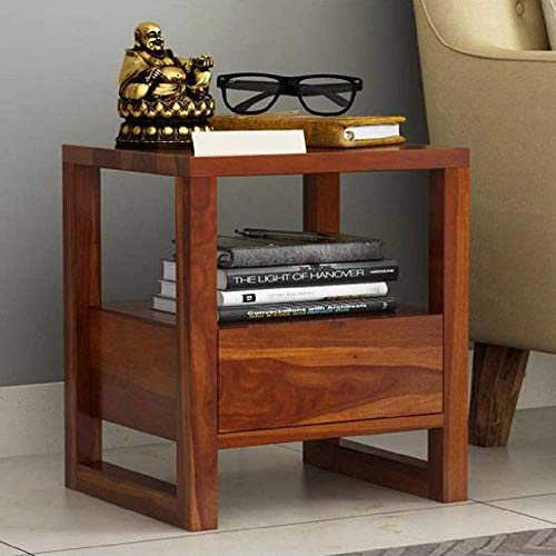 Indoplaza Solid Sheesham Wood Bedside Table with 1 Drawers and Open Shelf Storage Wooden Bed Side End Tables Night Stand for Home and Living Room (Honey Finish)