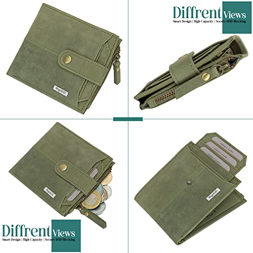 Rigohill Doger Olive Green Leather Wallet For Men, 2 Card Slot | RFID Wallet