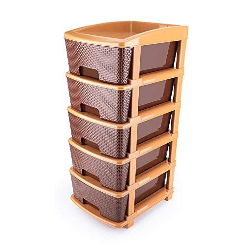 TEX-RO Plastic Modular Drawer Storage Chest Of Drawers Organizer Storage Box, Large Stomo Racks For Multipurpose Anti-slip Shoes Organizers | Brown | 5 Layer