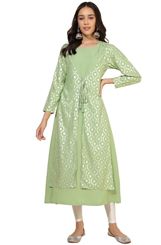 Janasya Women's Light Green Crepe Foil Printed A-Line Kurta(JNE4283-KR-XXL)