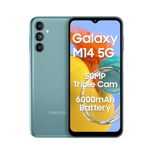 Samsung Galaxy M14 5G (Smoky Teal,6GB,128GB)|50MP Triple Cam|Segment's Only 6000 mAh 5G SP|5nm Processor|2 Gen. OS Upgrade & 4 Year Security Update|12GB RAM with RAM Plus|Android 13|Without Charger