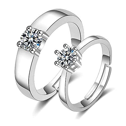 University Trendz Sterling Silver Zircon Crystal Adjustable Couple Ring for Men & Women